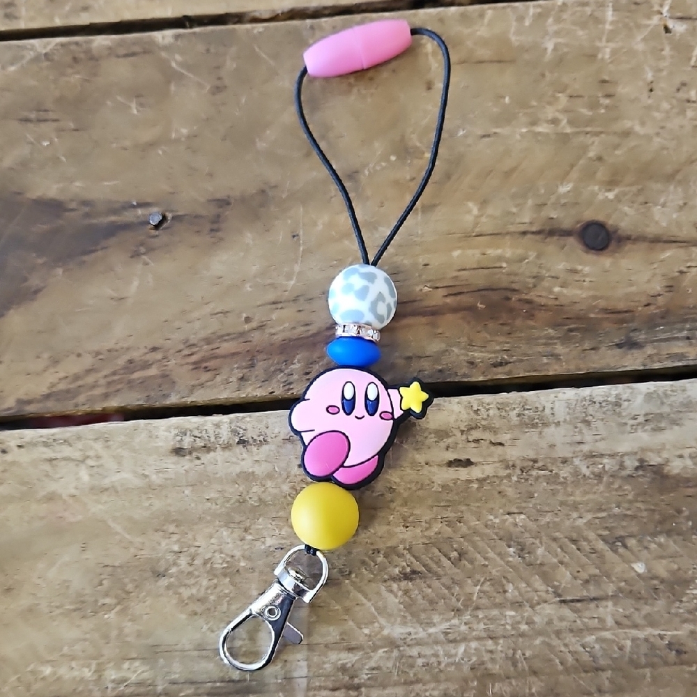 Pink and Yellow Character Keychain with Blue Bead